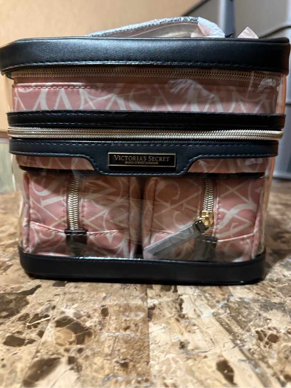 Victoria's Secret Pink Patterned Cosmetic Case with Black Trim